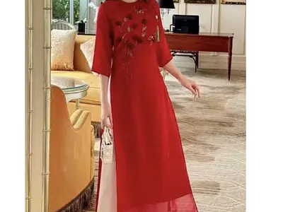 アオザイ・ サイゴン 女性用のアオザイ 1 シフォンワインレッド/花柄